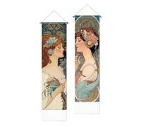 PLIGREAT 2 Pack Mucha Girl Wall Tapestry Vintage Vertical Wall Hanging with Tassels Decorative Aesthetic Long Tapestry for Bedroom Living Room Home Decorations, 130 x 33cm