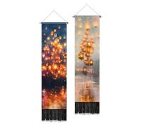 PLIGREAT 2 Pack Night Castle Tapestry Aesthetic Wall Tapestry for Bedroom Bathroom Living Room Vintage Sky Lanterns Vertical Wall Hanging with Tassel Home Art Decor Housewarming Gift 52"x13"/130x33 cm
