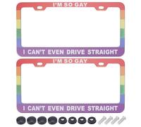 PLIGREAT 2 Pack Rainbow License Plate Frame, Funny Humor Text Gay Pride Rainbow Flag I'm So Gay I Can't Even Drive Straight Alloy Car Cover Holder with 2 Holes and Screws for Standard US Vehicles