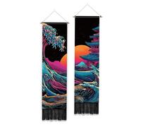 PLIGREAT 2 Pack Traditional Japanese Style Vertical Wall Tapestry Decorative Aesthetic Tapestry Ocean Waves Sunset Wall Hanging with Tassels for Bedroom Living Room Home Decoration, 130 x 33cm