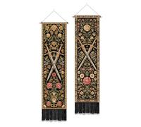 PLIGREAT 2 Pack Vintage Sword Flower Wall Tapestry Retro Vertical Wall Hanging with Tassels Decorative Aesthetic Long Tapestry for Bedroom Living Room Home Decorations, 130 x 33cm