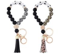 PLIGREAT 2 Pcs Mama Key Ring Bracelet Wristlet Silicone Bead Women Bracelet Car Holder Keychain with Leather Tassel Leopard Print Bead Keychain Gifts for Mom Mother's Day