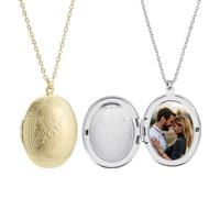 PLIGREAT 2 Pcs Vintage Oval Locket Pendant Necklace Engraved Flower Lockets that Hold Picture Photo Necklace for Women Men Birthday Gifts DIY Jewelry Making, Gold and Silver