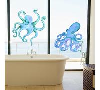 PLIGREAT 2 Sheets Large Size Blue Octopus Wall Stickers Peel and Stick Wall Decals Watercolor Ocean Animal Mural Decals for Bathroom Washing Room Nursery Wall Decoration DIY Indoor Art Decor