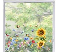 PLIGREAT 2 Sheets Watercolor Flowers Window Stickers Sunflower Bird Butterfly Self-Adhesive Creative DIY Decals for Glass Bedroom Home Window Display Decor