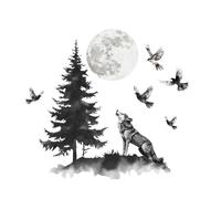 PLIGREAT 2 Sheets Wolf Moon Wall Decal Peel and Stick Wall Stickers Black and White Forest Wall Art Decals for Living Room Bedroom Sofa Background Decoration DIY Creative Home Wall Art Decor