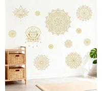 PLIGREAT 3 Sheets Gold Mandala Wall Decals, Lotus Pattern Removable Vinyl Wall Sticker for Bedroom Living Room Yoga Studio Background DIY Creative Art Bohemian Home Indoor Decorative