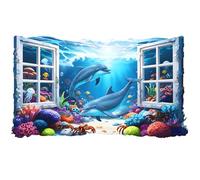 PLIGREAT 3D Under The Sea World Window Wall Decals, Underwater Coral Dolphain Wall Stickers Removable Vinly Blue Ocean Mural Stickers for Bathroom Nursery Cupboard Wall Home DIY Decor