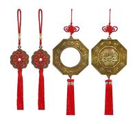 PLIGREAT 4 Pcs Bagua Mirror Feng Shui Ornaments with Tassel Chinese Feng Shui Ancient Coins Red Knot Hanging Pendant Wealth and Lucky Charm for Gifts Home Protection Door Car Hanging Decor