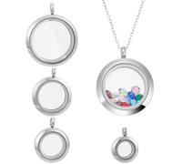 PLIGREAT 4 Pcs Memory Floating Locket, 0.6/0.8/1/1.2 Inch Round Floating Charm with 4 Chain Stainless Steel Glass Pendants Necklace for DIY Accessories Jewelry Making