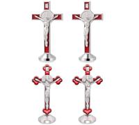 PLIGREAT 4 Pcs Metal Standing Crucifix, 8.2 cm Alloy Cross Table Decorations Sticker on Bottom to Stick on Table Top Car Home Altar, Red