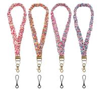 PLIGREAT 4 Pcs Stretchy Scrunchie Lanyard for ID Badges Colorful Floral Retractable Neck Keychain Holder with 4 Pcs Phone Lanyards for Women Teacher Nurse Badge Wallet Phone Wrist Strap