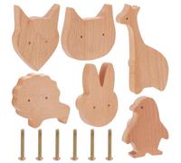 PLIGREAT 6 Pcs Natural Wooden Cute Animal Wall Hooks, Rabbit Kitten Fox Penguin Giraffe Lion Hanger Coat Hook for Hanging Towels Clothes Bags Home Decor