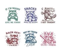 PLIGREAT 6 Sheets Funny Raccoon Iron on Transfers for T-Shirts, Animal Quotes Heat Transfer Sticker DTF Transfers Ready to Press Sticker Patches for Clothes Hoodie Tote Bag Pillow Cover DIY Decor