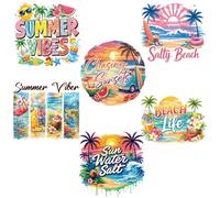 PLIGREAT 6 Sheets Summer Vibes Iron on Transfers Patches, 25cm DTF Ready to Press Heat Transfers Ocean Beach Washable Iron on Appliques for T Shirts Jackets Hats Backpacks