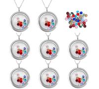 PLIGREAT 8 Pcs Living Memory Floating Locket Necklace, Round Stainless Steel Craft with 120 Pcs Diamond and 8 Pcs Chains 1.2 Inch Glass Crafts for Women DIY Jewelry Making