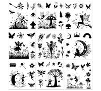 PLIGREAT 9 Sheets Fairy Silhouettes Rub on Transfer for Craft Black Fairy Furniture Transfer Decals Floral Plant Rub on Stickers for Glass Bottle Drawer Cabinet Scrapbooking Craft Decorative