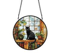 PLIGREAT Black Cat Suncatcher, Acrylic Stained Sun Catcher for Garden Patio Tree Bookshelf Cute Hanging Ornament for Living Room Bedroom Window Wall Art Decor Memorial Gift for Cat Lovers