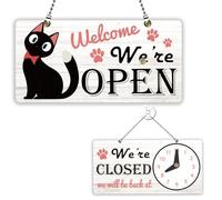 PLIGREAT Cat Pattern Double Sided Open Closed Sign with Clock Welcome We're Open We're Closed Signs for for Business Retail Store Window Wall Decor Hanging Door Signs with Chain, Cute Cat