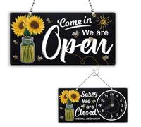 PLIGREAT Chalk Drawing Double Sided Open Closed Sign with Clock Come in We are Open Sorry We are Closed Signs for for Business Retail Store Window Wall Decor Hanging Door Signs with Chain, Sunflowers