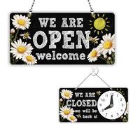 PLIGREAT Chalk Writing Open Closed Sign Double Sided Open Sign with Clock Please Come In Signs for Business Retail Store Window Wall Decor Hanging Door Signs with Chain, Daisy Bee