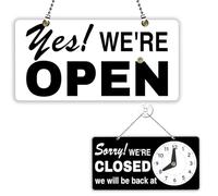 PLIGREAT Classic Open Closed Signs, Double Sided Open Sign with Clock Yes Sorry Business Sign for Retail Store Window Wall Decor Hanging Door Signs with Chain, Black White