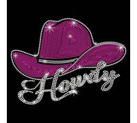 PLIGREAT Cowboy Hat Rhinestone Iron on Transfer Hotfix, Howdy Rhinestone Decal Diamond Sticker Patch Pink Heat Transfer Decal Bling Clothing Repair Appliques for Jacket T-Shirts Pants Bag DIY