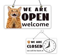 PLIGREAT Cute Cat Open Signs Double Sided Open Closed Sign Bussiness Welcome Hours Sign Plaque for Retail Store Bar Bakery Shop Window Wall Decor Hanging Door Signs with Chain, 30x15 cm