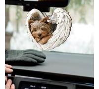 PLIGREAT Cute Dog Car Hanging Ornament Sleeping Angel Wings Rear View Mirror Accessories Yorkie Shorkie Wood Charms Wooden Decorative for Window Door Christmas Tree Decor Rearview Pendant Gift