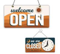 PLIGREAT Day and Night Open Signs Double Sided Open Closed Sign Bussiness Welcome Hours Sign Plaque for Retail Store Bar Bakery Shop Window Wall Decor Hanging Door Signs with Chain, 30x15 cm