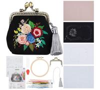 PLIGREAT DIY Flower Embroidery Coin Purse Kits for Beginners, Black Stamped Sewing Handbag with Kiss Clasp Lock Cute Flower Handmade Change Purse Kit with All Supplies for Adults Women DIY Making