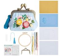 PLIGREAT DIY Flower Embroidery Coin Purse Kits for Beginners, Blue Stamped Sewing Handbag with Kiss Clasp Lock Cute Floral Handmade Change Purse Kit with All Supplies for Adults Women DIY Making