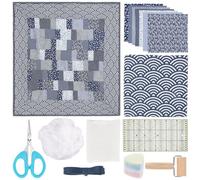 PLIGREAT DIY Quilt Kit for Beginners Blue Fabric Pre-Cut Patchwork Set Complete Quilting Sewing Kit Handmade Quilt Making Supplies for Quilting Lovers