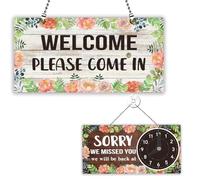 PLIGREAT Floral Double Sided Open Closed Sign with Clock Welcome Please Come In Sorry We Missed You Signs for for Business Retail Store Window Wall Decor Hanging Door Signs with Chain, Floral Border