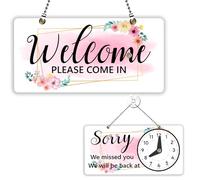 PLIGREAT Floral Frame Open Closed Sign with Clock Welcome Please Come In Sorry We Missed You Signs for Business Retail Store Window Wall Decor Hanging Door Signs Double Sided with Chain