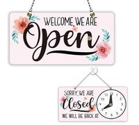 PLIGREAT Floral Text Open Closed Sign with Clock Welcome Please Come In Sorry We Missed You Signs for Business Retail Store Window Wall Decor Hanging Door Signs Double Sided with Chain, Pink