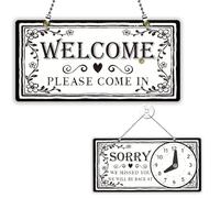 PLIGREAT Floral Vine Welcome Open Sign Double-Sided Open Closed Sign with Clock Sorry We Missed You Signs for Business Retail Store Window Wall Decor Hanging Door Signs with Chain, Whiteboard Drawing