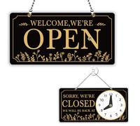PLIGREAT Flower Bush Signs Double Sided Open Closed Sign Business Welcome Hours Acrylic Plaque for Retail Store Bar Cafes Window Wall Decor Hanging Door Sign with Chain, 30x15 cm