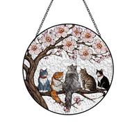 PLIGREAT Glass Window Hanging, Painted Tree Branch Cat Stained Suncatcher 20 cm Glass Panel Sun Catchers for Garden Home Outdoor Indoor Art Decor Window Wall Hanging Ornament Women Men Gift