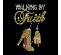 PLIGREAT High Heels Iron on Rhinestone Glitter Walking by Faith Quotes Iron on Transfers Hotfix Rhinestone Patches for Clothing Jacket Jeans Fashion Women T Shirt DIY Embellishment