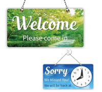 PLIGREAT Landscape Welcome Sign, Double-Sided Open Sign with Clock Please Come In Signs for Business Retail Store Window Wall Decor Hanging Door Signs with Chain, Tree and Sky