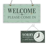 PLIGREAT Open Closed Sign Double Sided Welcome Sign with Clock Sorry We Missed You Signs for Business Retail Store Window Wall Decor Hanging Door Signs with Chain, Green Leaves