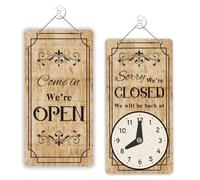 PLIGREAT Open Closed Sign for Bussiness, Double Sided Wood Grain Pattern | Sorry We are Closed Signs with Clock, Vintage Floral Business Sign for Retail Store Window Wall Decor, PVC Door Plaque