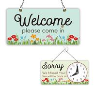 PLIGREAT Open Closed Signs for Business, Double Sided Cartoon Grass Pattern Welcome Hours Acrylic Plaque for Retail Store Bar Cafes Window Wall Decor Hanging Door Sign with Chain, 30x15 cm