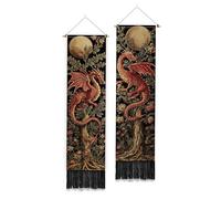 PLIGREAT Pack of 2 Aesthetic Dragon Wall Tapestry, Medieval Woven Tree Wall Hanging with Tassels Moon Leaves Tapestry for Bedroom Living Room Home Decorations Art Tapestries, 130 x 33cm