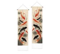 PLIGREAT Pack of 2 Ink Painting Koi Pattern Wall Tapestry, Chinese Paint Style Long Vertical Tapestry Aesthetic Wall Hanging with Tassels for Bedroom Living Room Home Art Decor Housewarming Gift