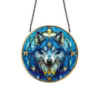 PLIGREAT Painted Wolf Head Stained Suncatcher Window Wall Art Hanging Ornament Colorful Acrylic Light Catcher Art Crafts for for Garden Bedroon Home Indoor Outdoor Hanging Decor Men Gift