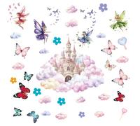 PLIGREAT Princess Castle Wall Decal, Watercolor Cloud Fairy Castle Wall Sticker, Multicolor Vinyl Removable Wall Decal for Bedroom, Nursery, Living Room, Home Wall Decor