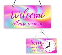 PLIGREAT Rainbow Swirl Double Sided Open Closed Sign with Clock Welcome Please Come In Sorry We Missed You Signs for Business Retail Store Window Wall Decor Hanging Door Signs with Chain, Pink