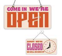 PLIGREAT Retro Open Closed Sign, Double-Sided Opened Sign with Clock We Are Open Closed Signs for Business Retail Store Window Wall Decor Hanging Door Signs with Chain, Warp Text